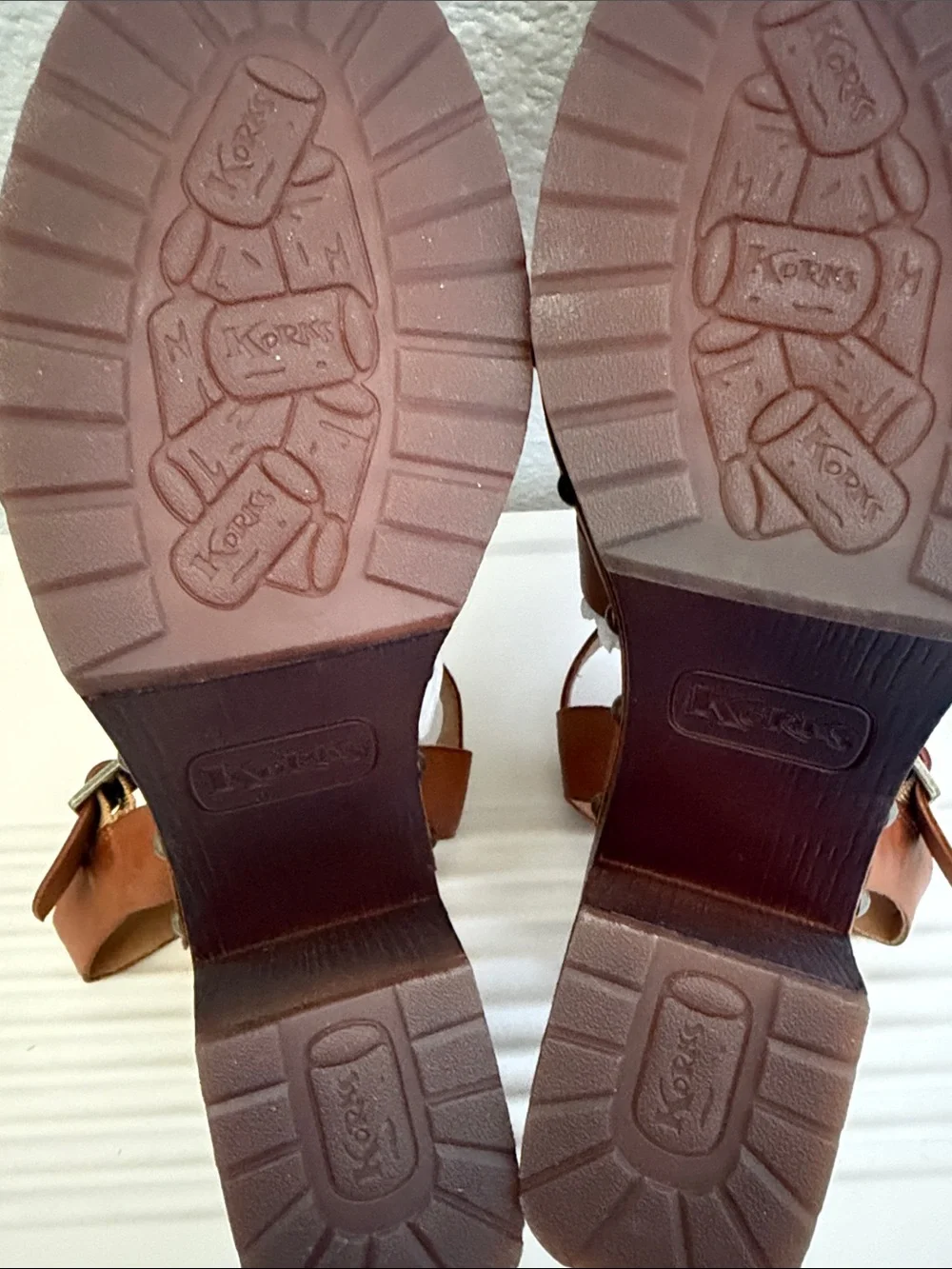 NWOT KORKS Whitney Multi -Strap Platform Sandal with Tan Wood Heel.